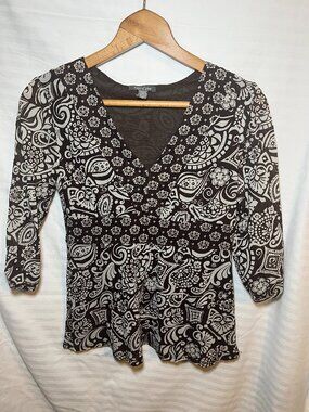 Apt 9 Petite Paisley Boho Blouse Brown White PM Flowy Top